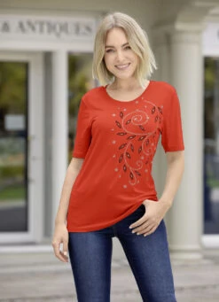 Shirt Mit Tollem Kontrast- Und Glimmerdruck In 3 Farben -Kleider Mut Verkaufsgeschäft shirt mit tollem kontrast und glimmerdruck in 3 farben farbe orange groesse 042